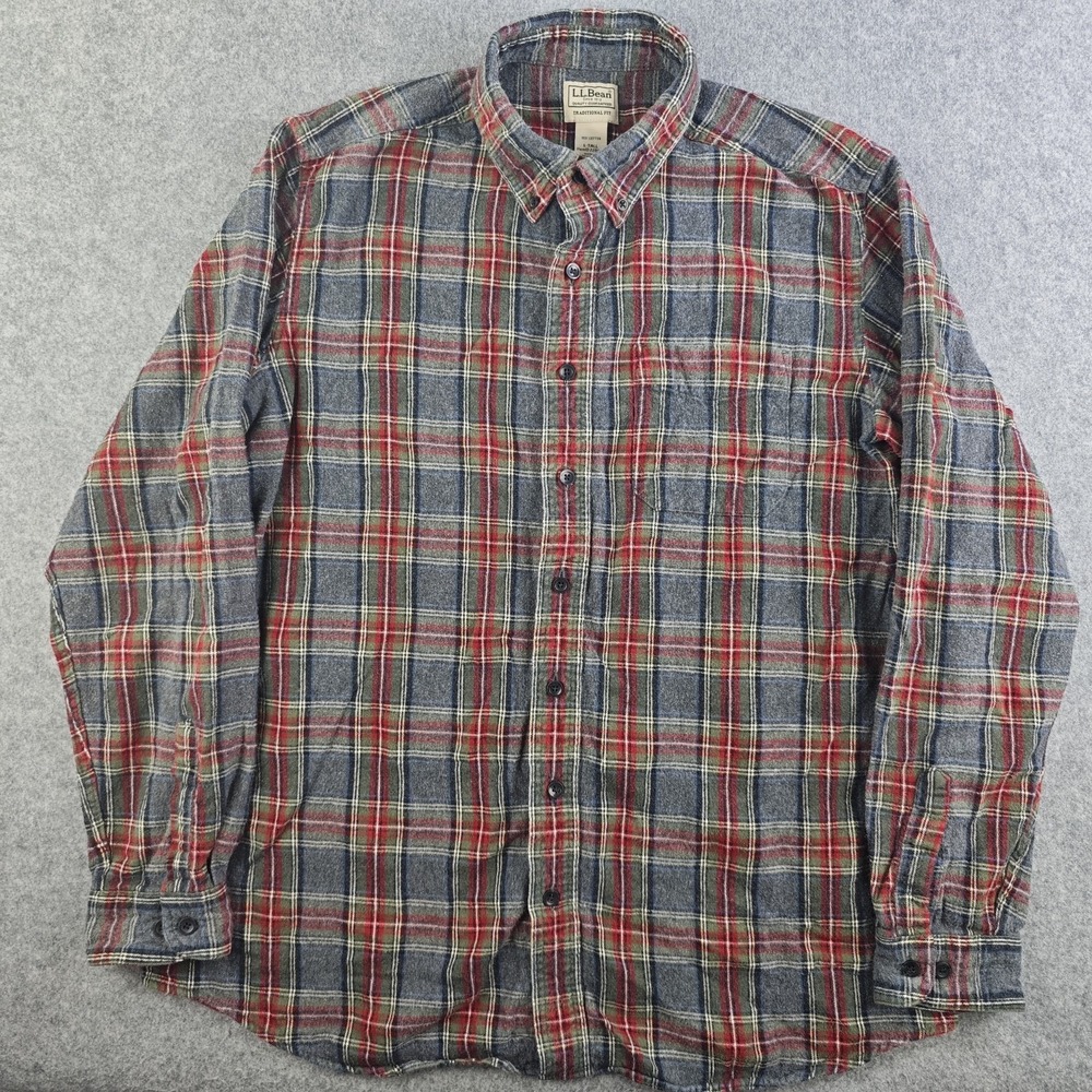 LL Bean Flannel Shirt Mens Large Tall LT Red Gray Plaid Traditional Fit Button
